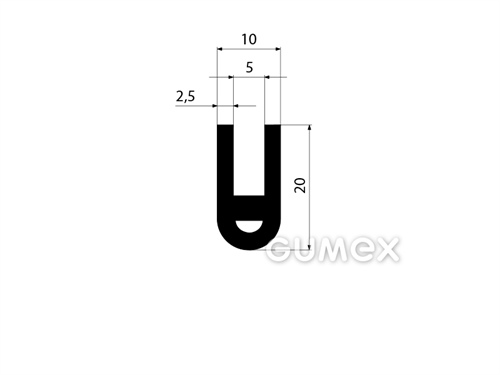 Gumový profil tvaru "U" s dutinkou, 20x10/5mm, 65°ShA, NBR, -40°C/+70°C, čierny